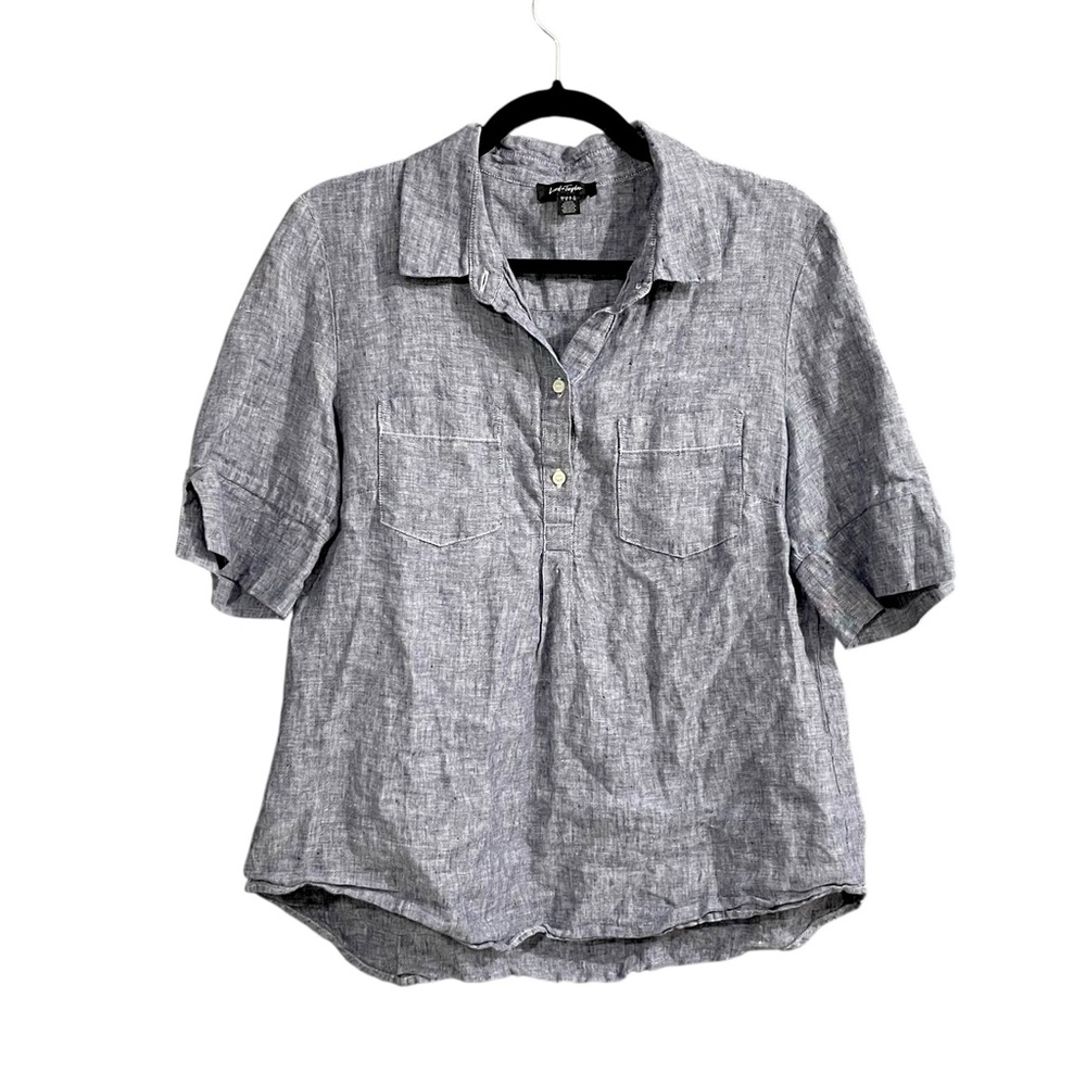 Lord & Taylor Linen Short Sleeve Oversized Blouse Blue L